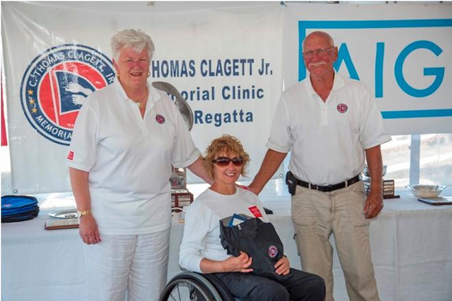 Christine Lavalle winner of the Gene Hinkle and Robie Pierce trophy with Judy McLennan and Gene Hinkle ©  Billy Black / Clagett Regatta